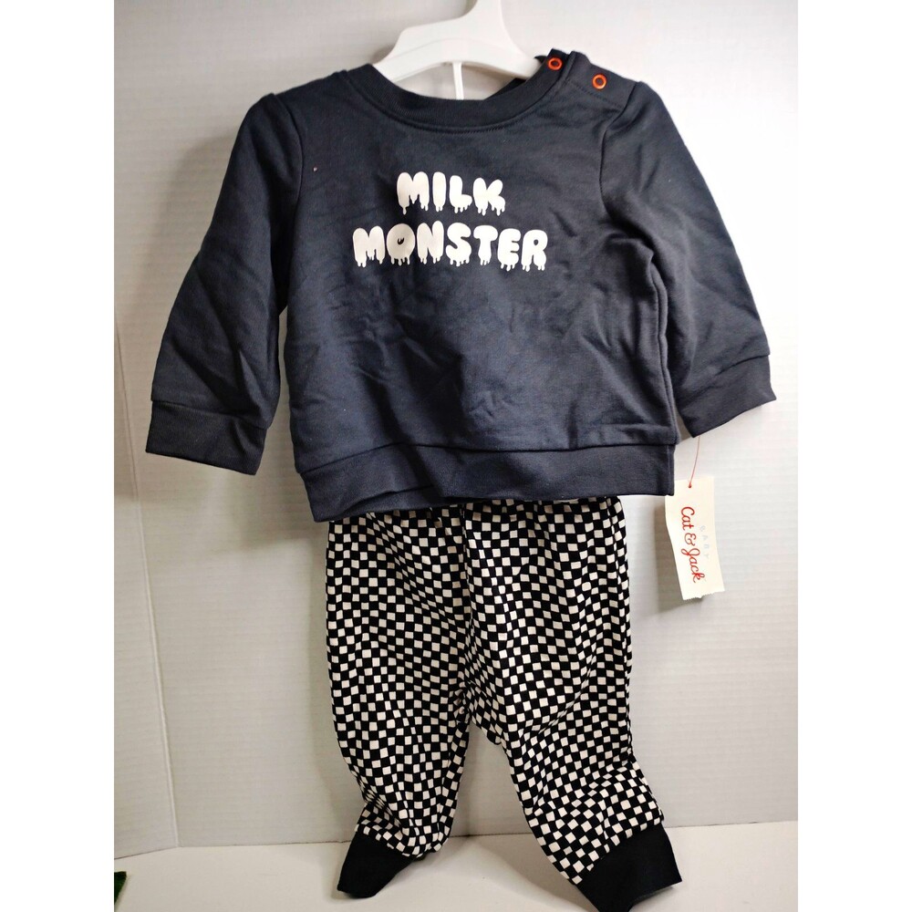 Cat & Jack 2pc Baby Outfit Set Milk Monster Sweatshirt + Check Pants 3-6M LS